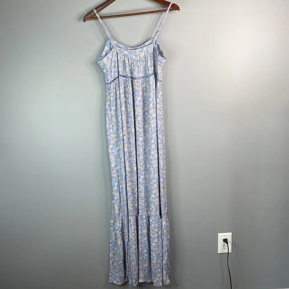 WILD SKYE Tiered Floral Maxi Dress Blue Spaghetti Strap Plisse Milkmaid S - Picture 7 of 12